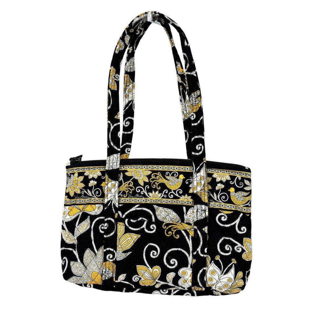 Vera Bradley Betsy Shoulder Bag Black Yellow Bird Floral Zip Top Pockets
